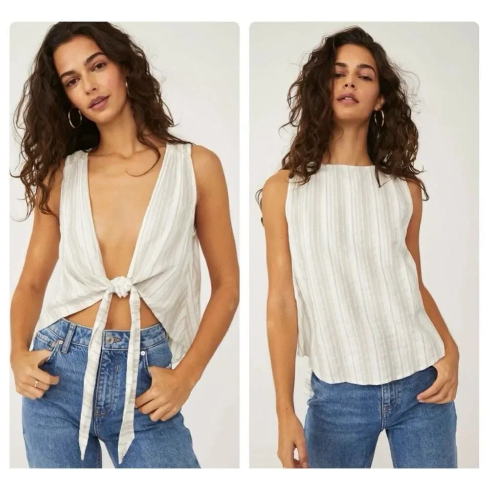 Free People By My Side Top cotton/linen blend Striped Tie High Low Blouse Sz XS